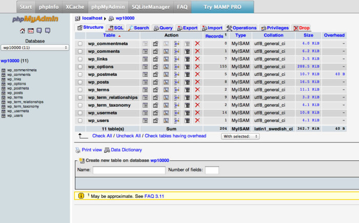PHPmyAdmin showing database with tables