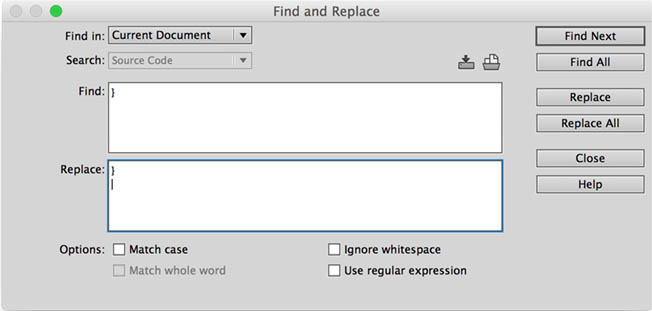 The Dreamweaver Find and Replace dialog box