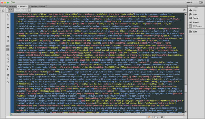 Dreamweaver showing minified CSS file